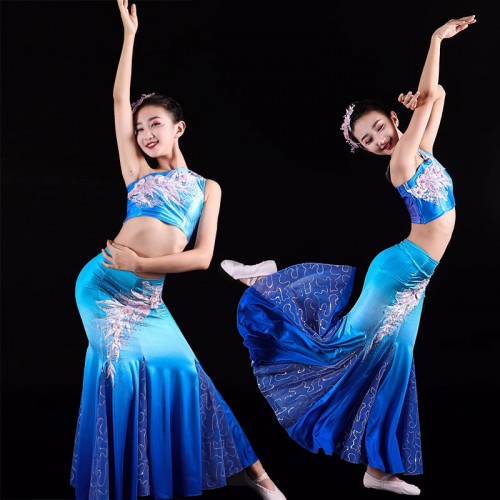 Children Girls Dai Peacock dance Dresses Blue Gradient mermaid skirts Girls' Dai dance costumes Xishuangbanna performance costume